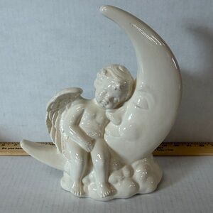 Elegant Cream Angel and Moon Sculpture